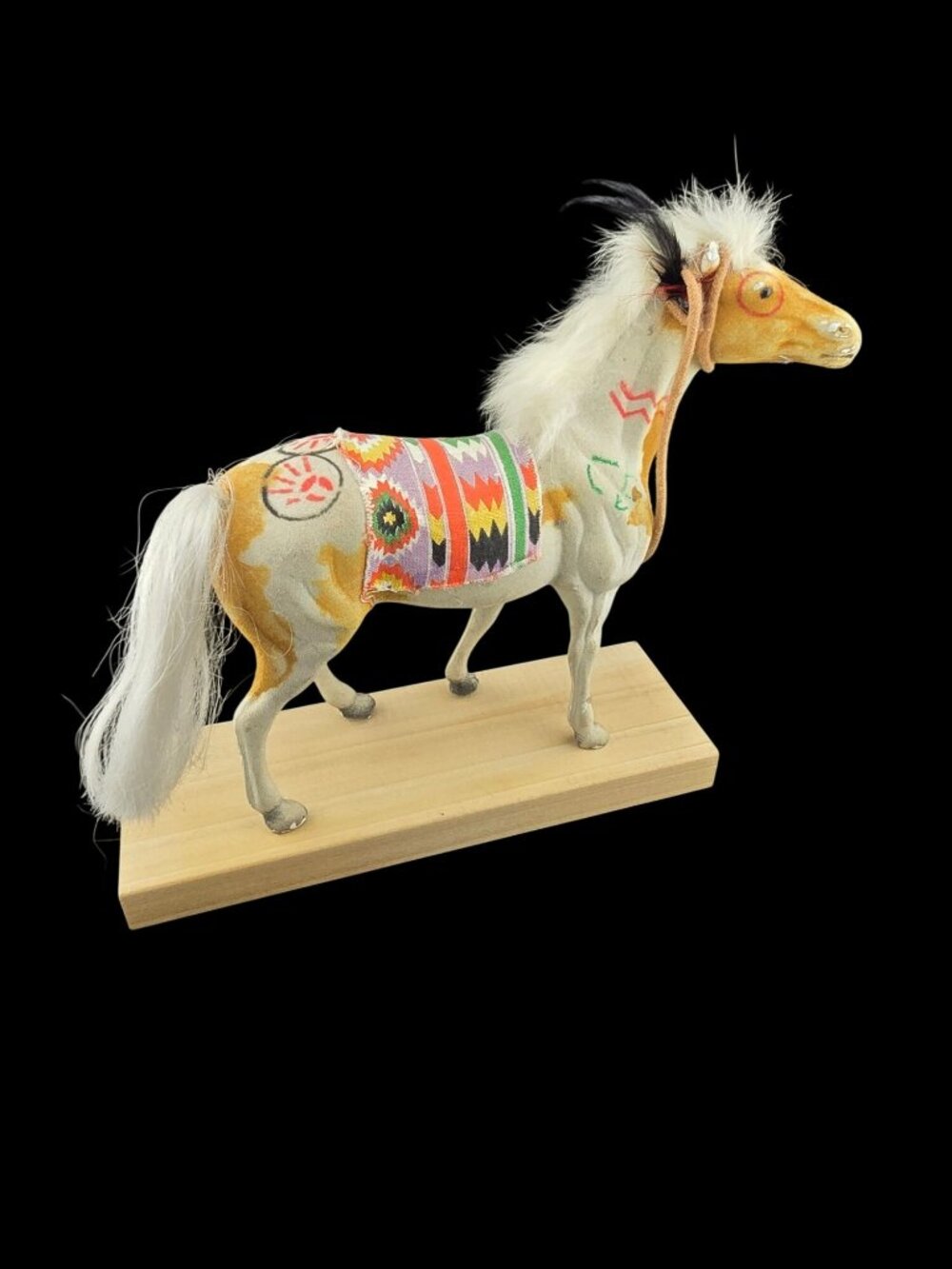 Handcrafted Native American Horse Figurine Painted Details & Feather Accents - Picture 2 of 13